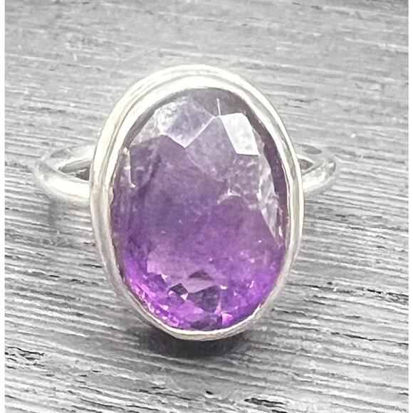 Sterling Silver Faceted Genuine Amethyst Solitaire Ring 8 Carat Size 8 Handmade - Picture 2 of 9